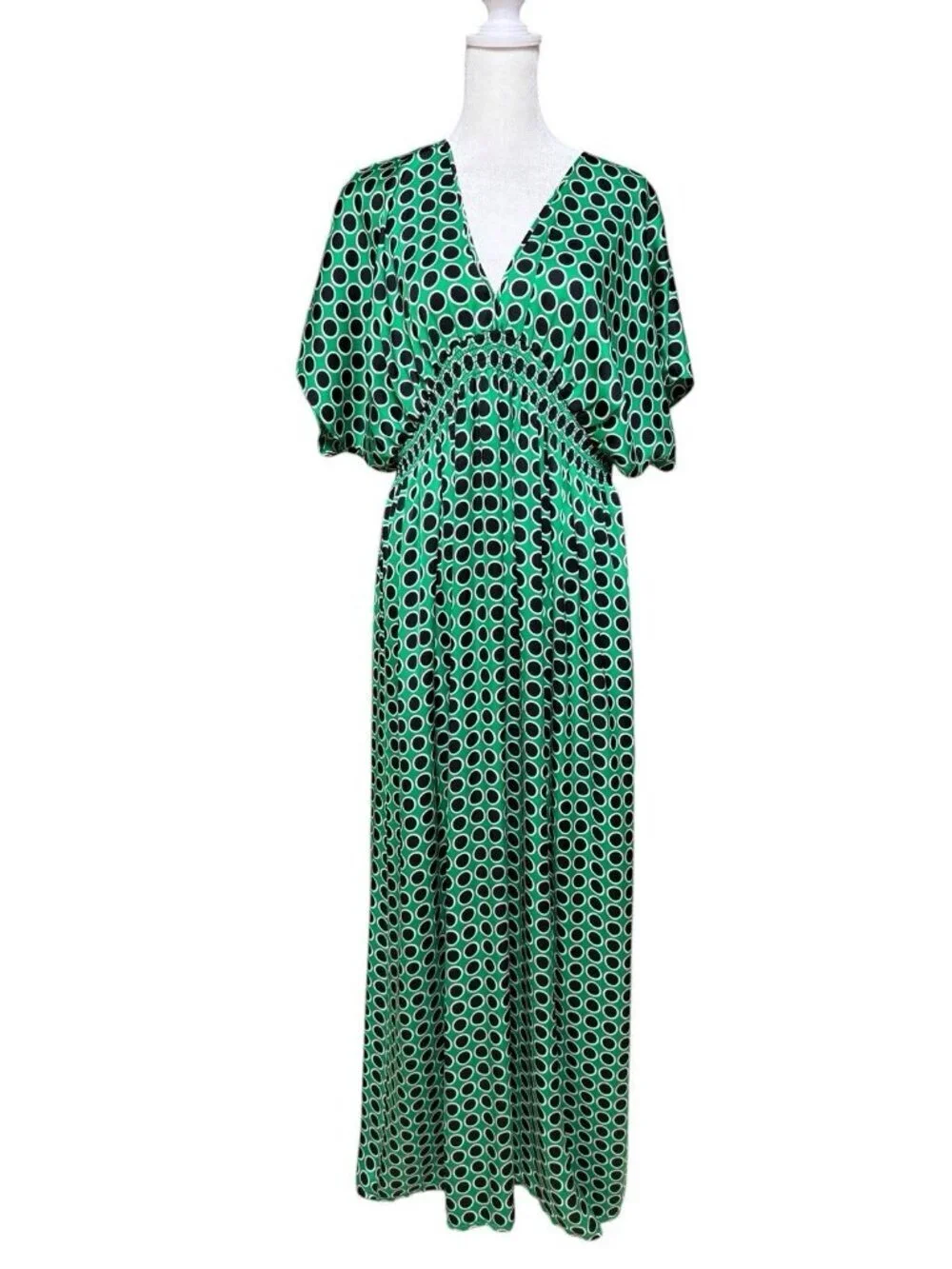 Michael Kors Maxi Dress Large Green Polka Dot Empire Waist Boho